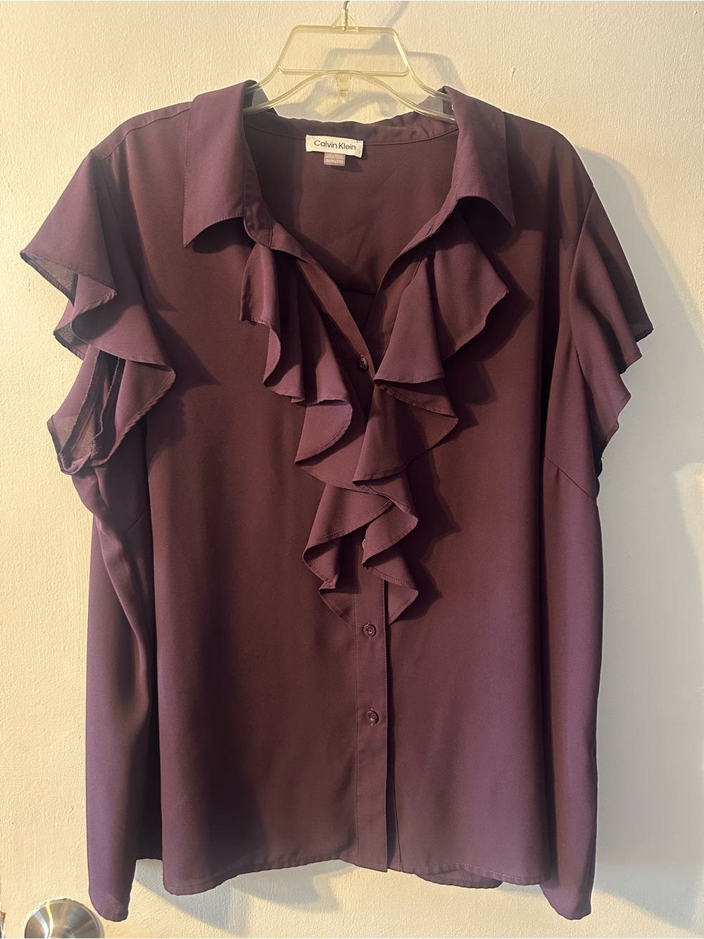 Calvin Klein Deep Plum Ruffled Button-Front Blouse